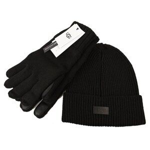 UGG Mens Black Ribbed Knit Beanie Leather Palm Patch Tech Glove Set L/XL NWT
